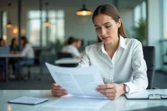 Femme en bureau relisant attentivement son contrat de travail avant de remettre sa démission