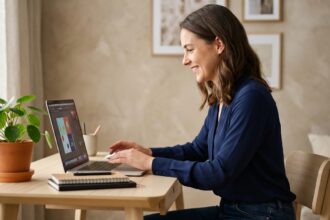 Jeune femme souriante arrangeant des graphiques numériques