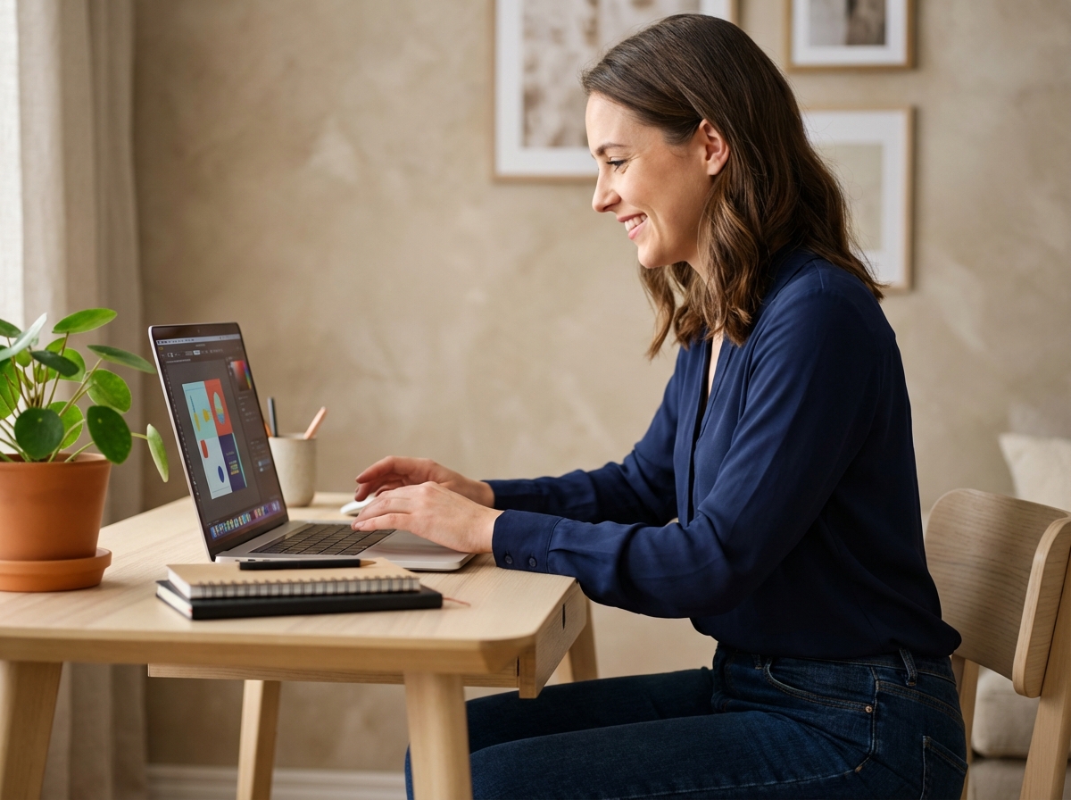 Jeune femme souriante arrangeant des graphiques numériques