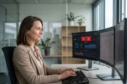 Femme concentrée au bureau avec écrans de données