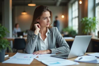 Femme cadre analysant une fiche de paie et un tableau de salaire net dans un bureau moderne, illustrant l'impact des 39 heures sans RTT