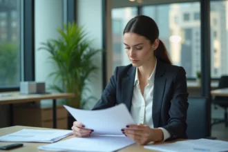 Femme d affaires concentrée sur des documents dans un bureau moderne
