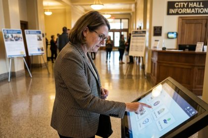 Femme d affaires utilisant un kiosque interactif en mairie