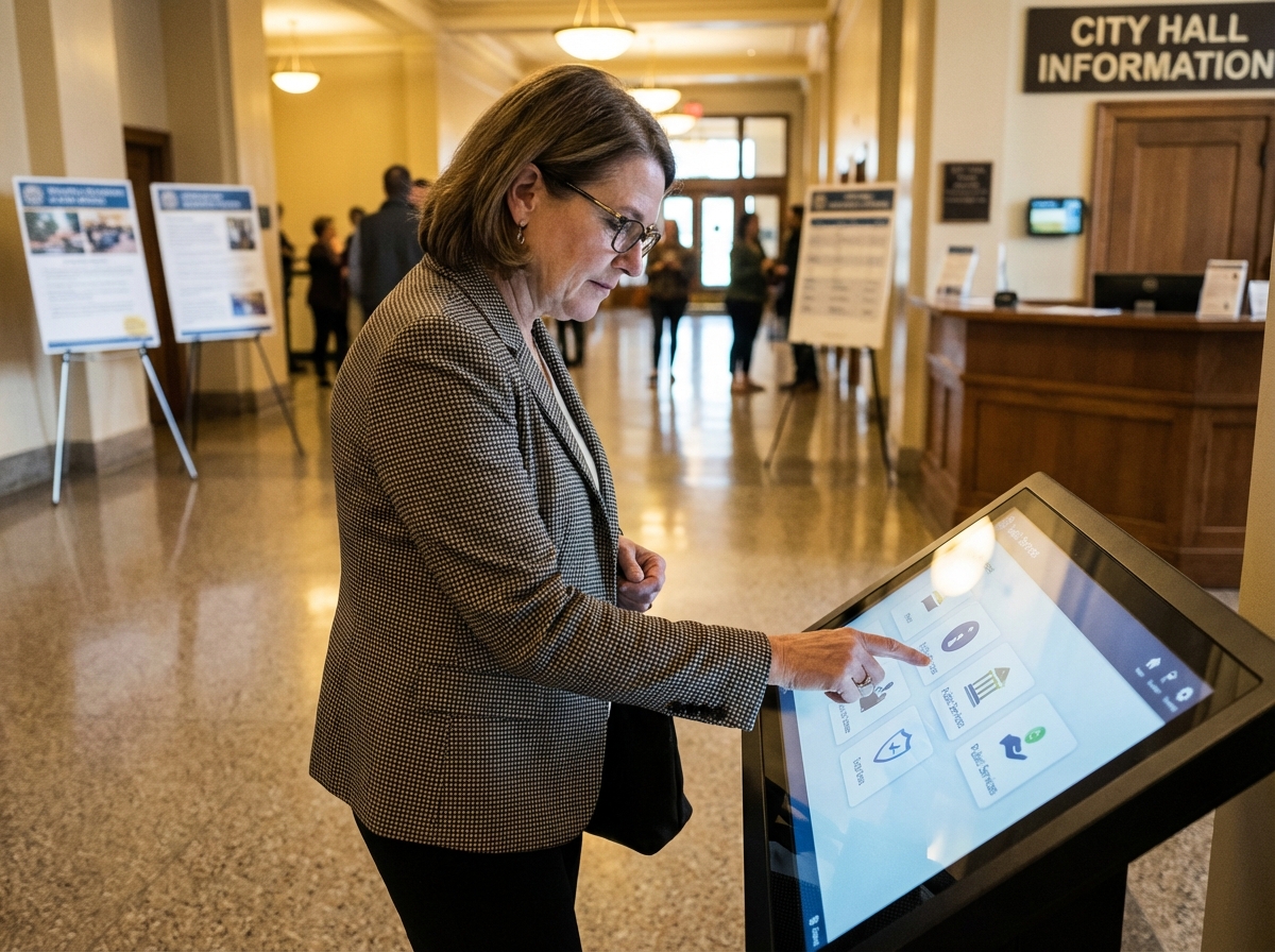 Femme d affaires utilisant un kiosque interactif en mairie