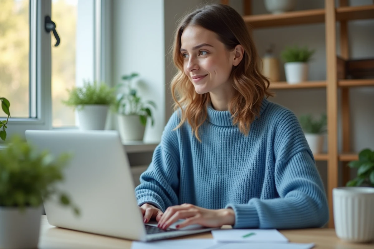 Jeune femme au bureau avec ordinateur portable et ambiance chaleureuse