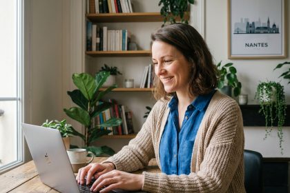 Femme souriante travaillant sur un ordinateur dans un bureau moderne