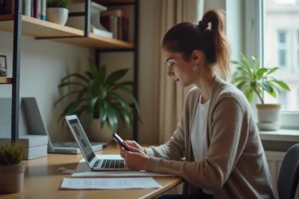 Femme au bureau utilisant ordinateur et smartphone