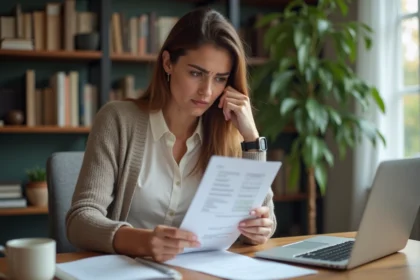 Femme regardant une fiche de paie dans un bureau moderne