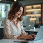 Femme souriante utilisant un ordinateur dans un bureau moderne