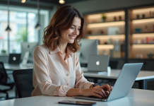 Femme souriante utilisant un ordinateur dans un bureau moderne