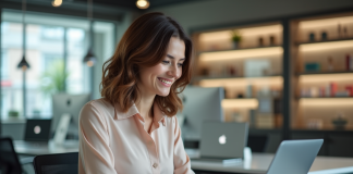 Femme souriante utilisant un ordinateur dans un bureau moderne