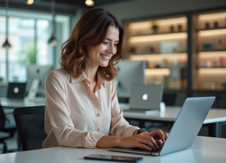 Femme souriante utilisant un ordinateur dans un bureau moderne