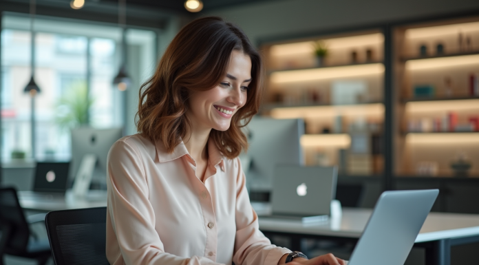 Femme souriante utilisant un ordinateur dans un bureau moderne