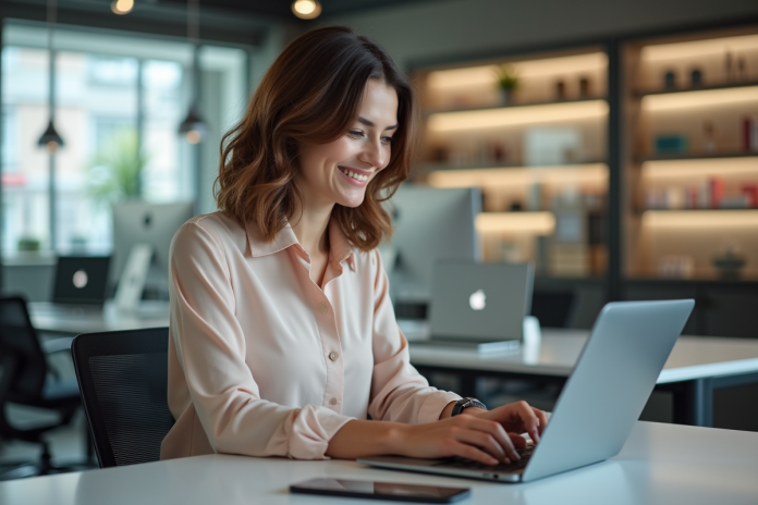 Femme souriante utilisant un ordinateur dans un bureau moderne
