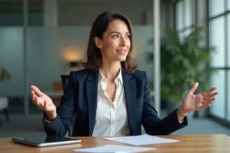 Femme en blazer expliquant dans un bureau moderne