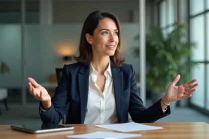 Femme en blazer expliquant dans un bureau moderne
