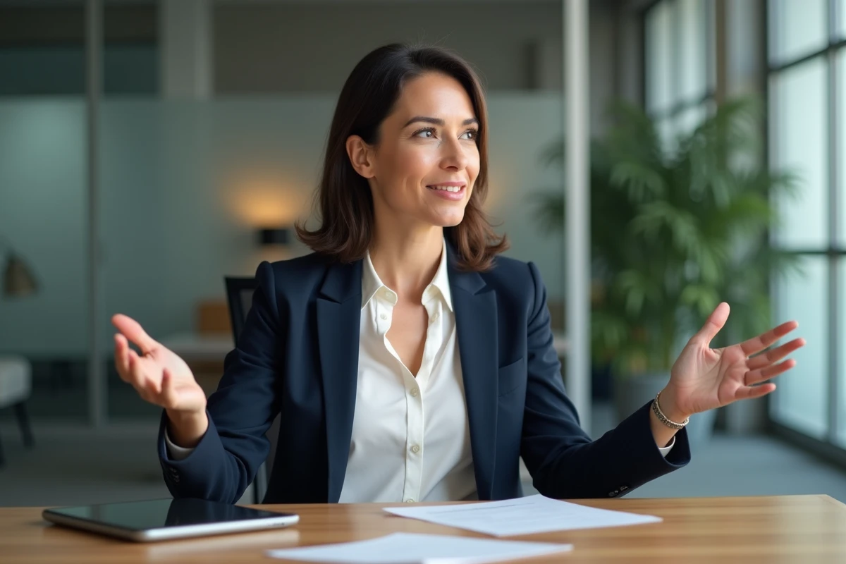 Femme en blazer expliquant dans un bureau moderne