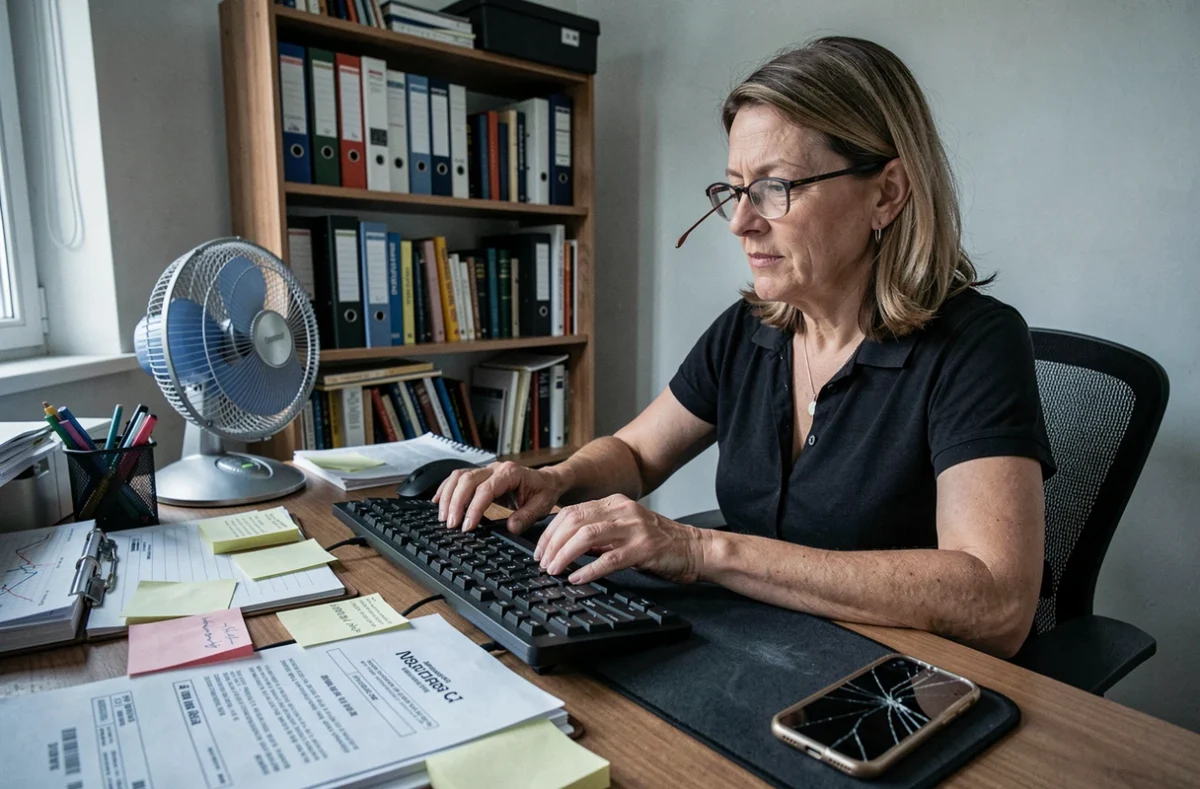 Femme cherchant le contact SAV Backmarket sur son bureau avec un smartphone reconditionné et une confirmation de commande imprimée