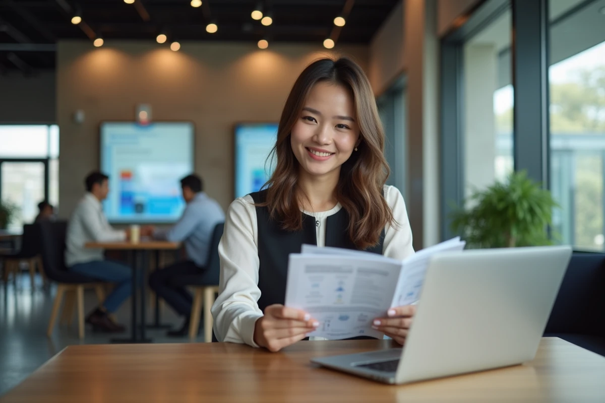 Jeune femme professionnelle compare brochures dans un bureau moderne