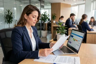 Femme cadre analysant des documents pour choisir une société de portage salarial dans un bureau moderne