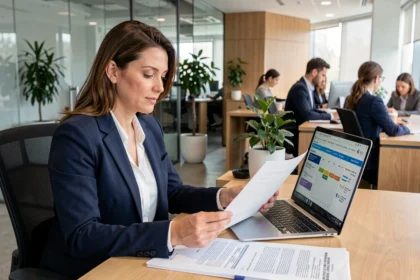 Femme cadre analysant des documents pour choisir une société de portage salarial dans un bureau moderne