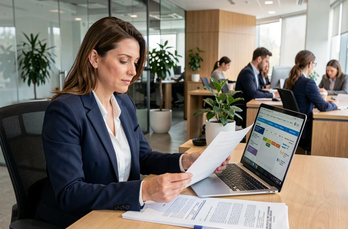 Femme cadre analysant des documents pour choisir une société de portage salarial dans un bureau moderne