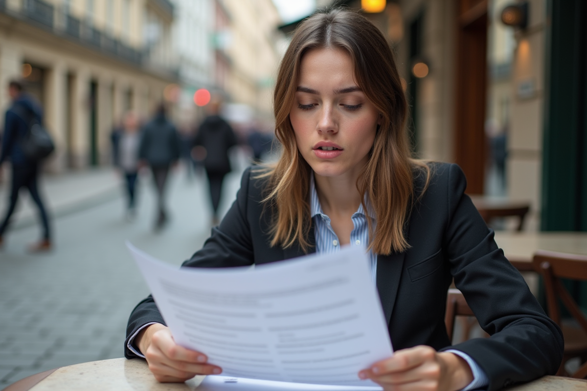 Jeune femme analysant des documents dans un café urbain