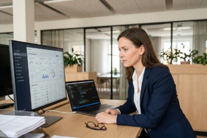 Femme d'affaires comparant des plateformes de facturation électronique sur deux écrans dans un bureau moderne