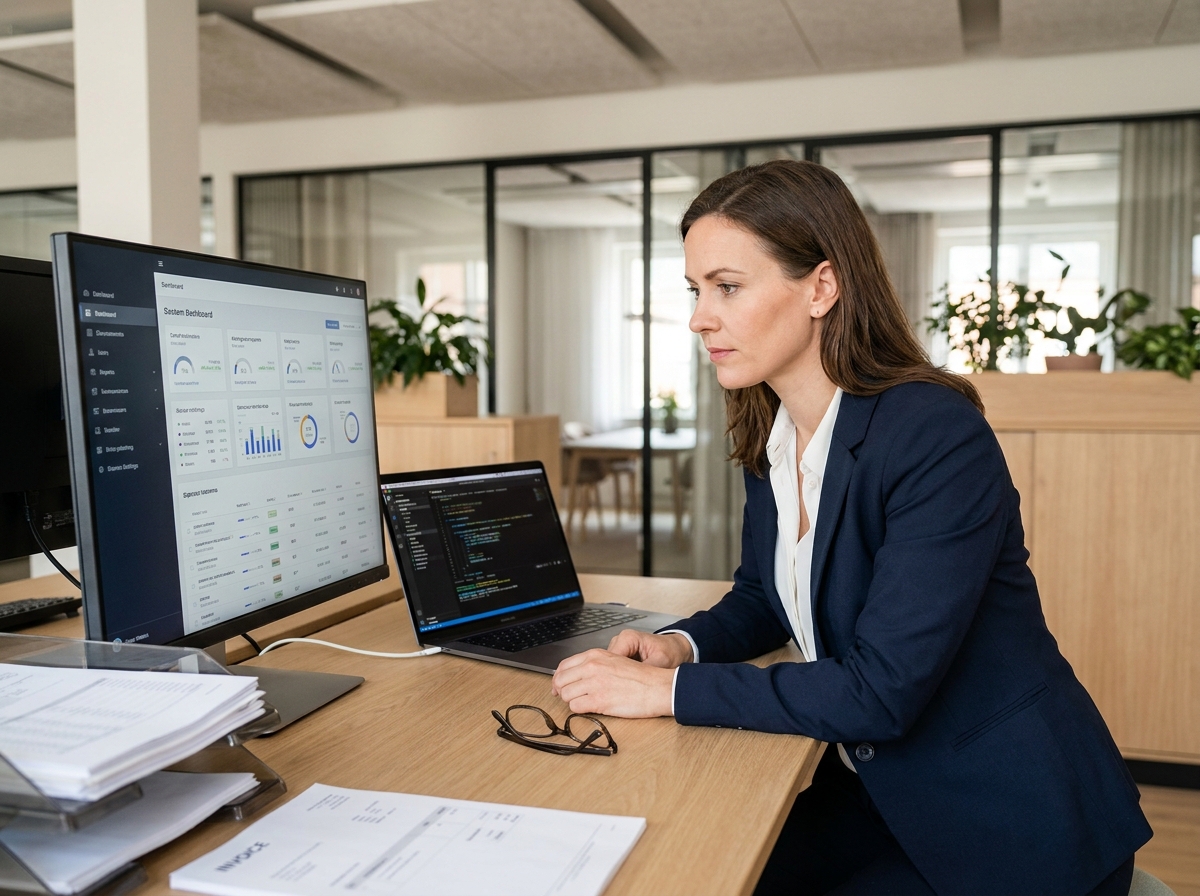 Femme d'affaires comparant des plateformes de facturation électronique sur deux écrans dans un bureau moderne