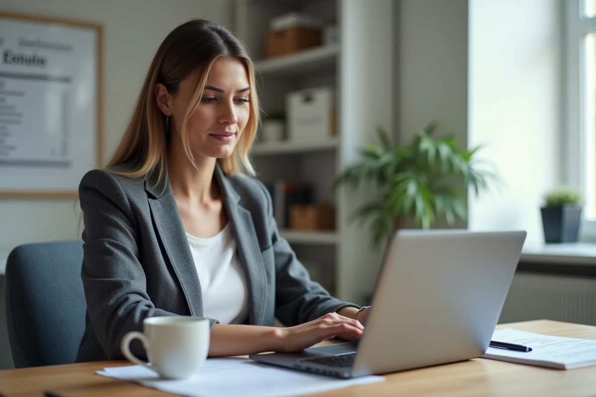 Femme consultant un devis en ligne pour des travaux urgents BTP depuis son bureau à domicile