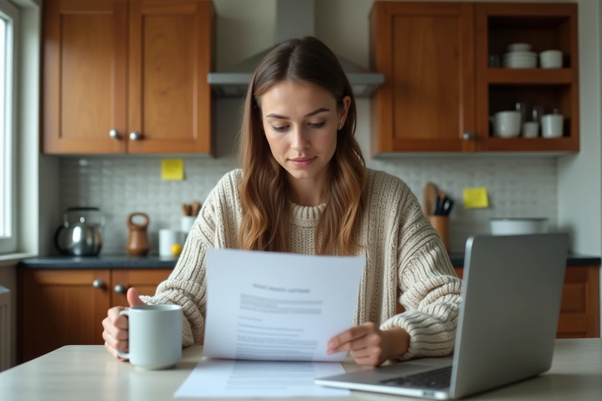Jeune femme lisant un contrat à la maison dans la cuisine