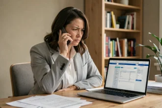 Femme au bureau gérant une démarche administrative auprès du SGC Calais par téléphone
