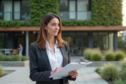 Femme d affaires devant un bâtiment écologique moderne
