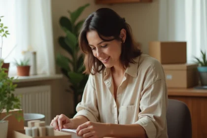 Femme travaillant à domicile en emballant des boîtes de produits sur une table en bois dans une cuisine simple et ordonnée