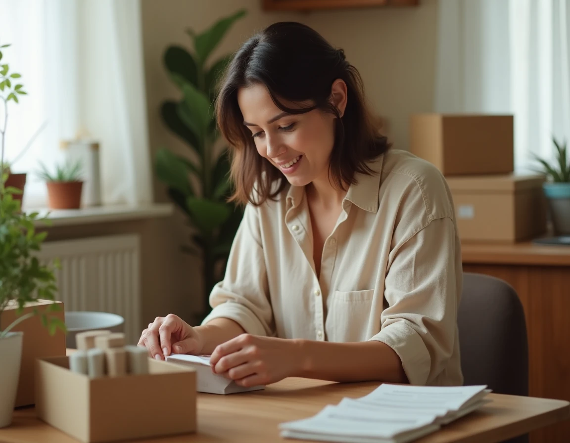Femme travaillant à domicile en emballant des boîtes de produits sur une table en bois dans une cuisine simple et ordonnée