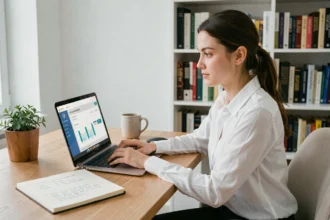 Jeune femme entrepreneur débutante étudiant un tableau de bord business sur son ordinateur portable dans un bureau à domicile moderne