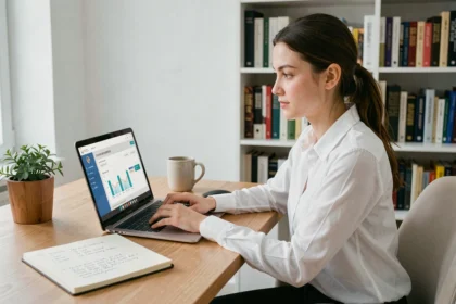 Jeune femme entrepreneur débutante étudiant un tableau de bord business sur son ordinateur portable dans un bureau à domicile moderne