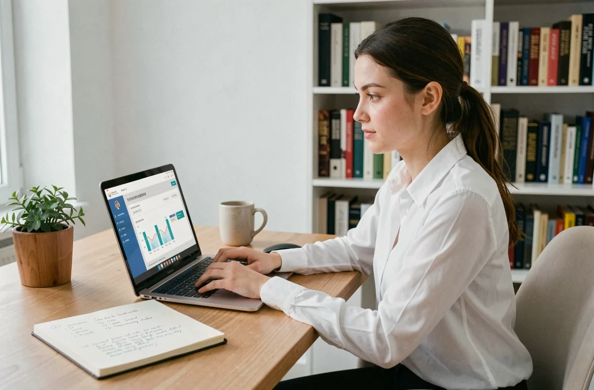 Jeune femme entrepreneur débutante étudiant un tableau de bord business sur son ordinateur portable dans un bureau à domicile moderne