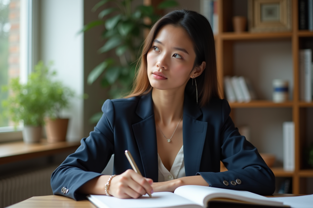 Jeune femme écrivant les 5 P dans un carnet dans un bureau lumineux