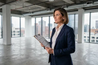 Femme professionnelle évaluant un espace de bureau vide avant location, tenant un plan de sol dans un open space moderne avec sol en béton et grandes fenêtres urbaines