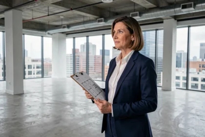 Femme professionnelle évaluant un espace de bureau vide avant location, tenant un plan de sol dans un open space moderne avec sol en béton et grandes fenêtres urbaines