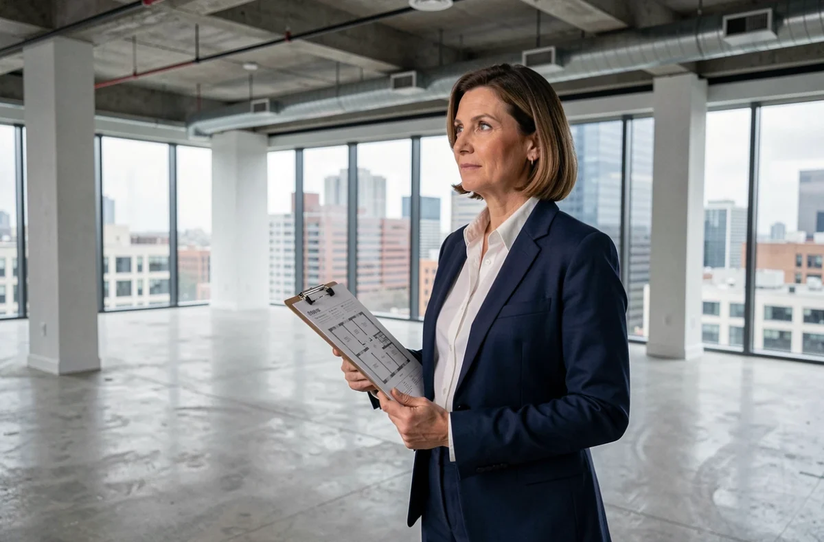 Femme professionnelle évaluant un espace de bureau vide avant location, tenant un plan de sol dans un open space moderne avec sol en béton et grandes fenêtres urbaines