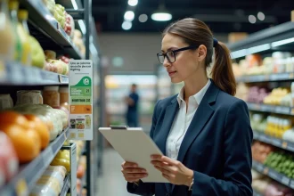 Femme en blazer examinant une étiquette environnementale en supermarché