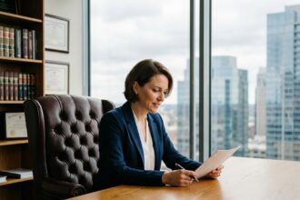 Femme cadre assise dans un fauteuil de direction en cuir dans un bureau moderne avec vue sur la ville
