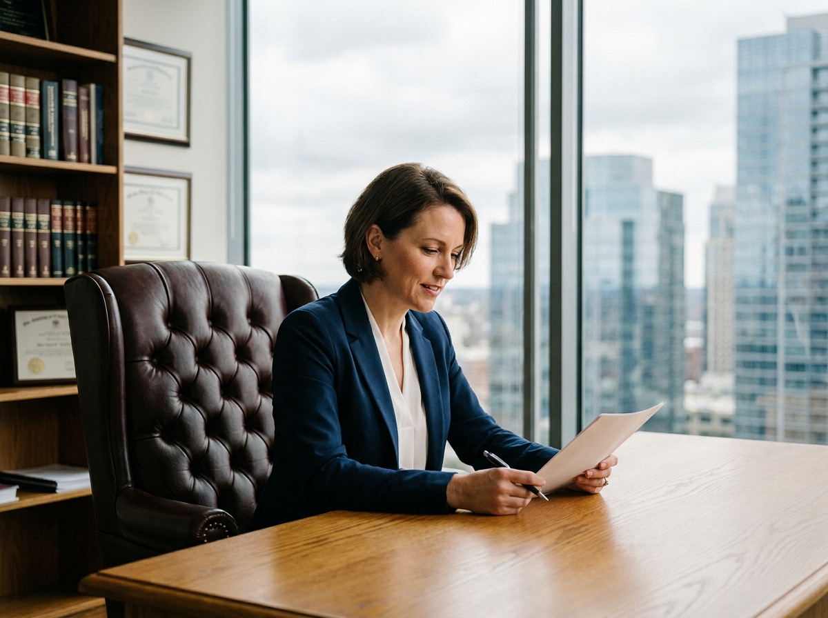 Femme cadre assise dans un fauteuil de direction en cuir dans un bureau moderne avec vue sur la ville