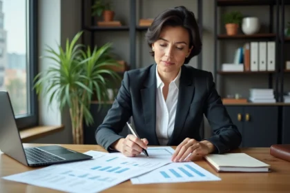 Femme d'affaires examinant des documents financiers dans un bureau moderne