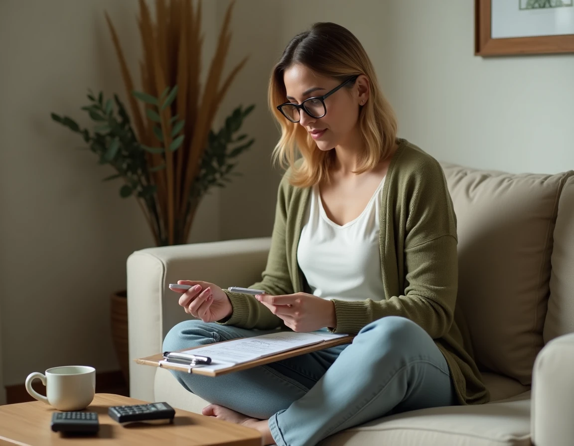 Femme assise sur un canapé prenant des notes sur la fiscalité des activités d'emballage à domicile avec une calculatrice