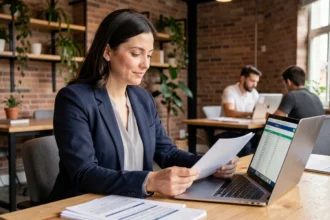 Femme freelance en blazer navy comparant des documents sur son bureau dans un espace de coworking moderne, illustrant le choix entre portage salarial et micro-entreprise