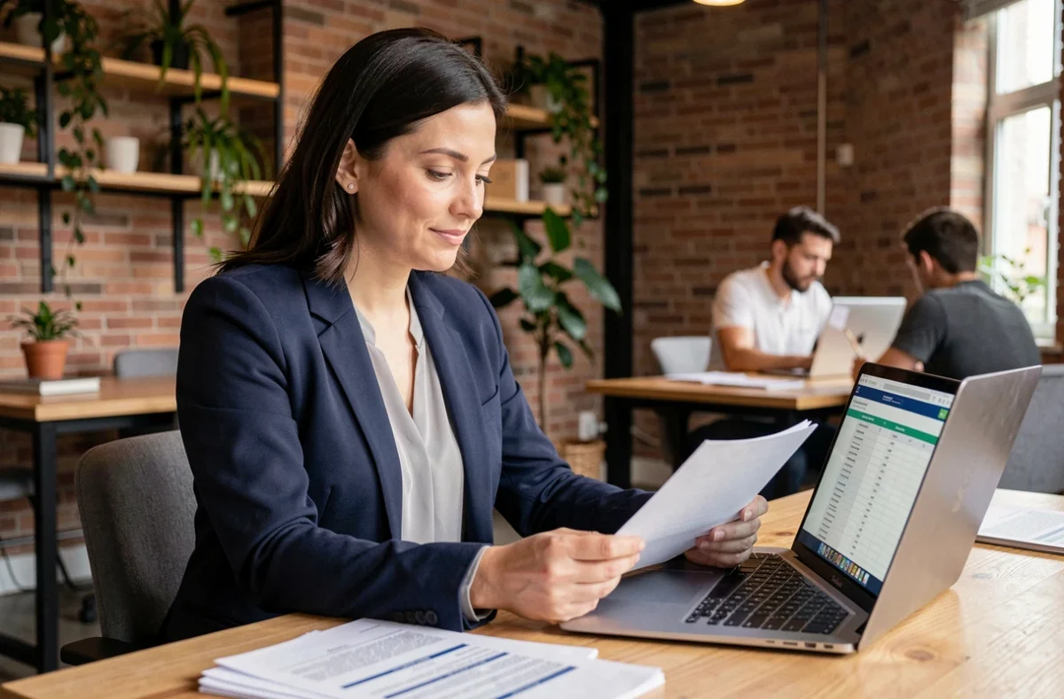 Femme freelance en blazer navy comparant des documents sur son bureau dans un espace de coworking moderne, illustrant le choix entre portage salarial et micro-entreprise