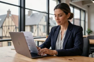 Femme freelance en portage salarial travaillant sur son contrat dans un espace de coworking à Rouen, Normandie